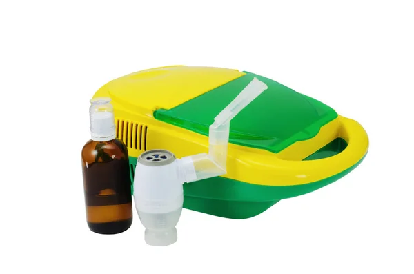 Nebulizzatore Dispositivo Medico Una Bottiglia Farmaco Isolato Sfondo Bianco — Foto Stock