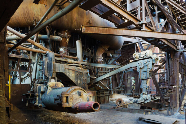 Cast iron casting device in the lower part of the blast furnace shop. Museum of mining production equipment. Russia, Ural, Nizhny Tagil