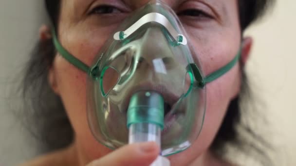 Woman Medical Nebulizer Breathing Mask Front Closeup — Stock Video