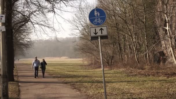 Couple marchant dans le parc vers le signe — Video