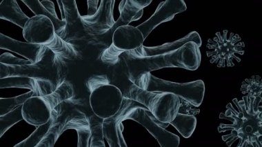 SARS, COVID-19 veya Coronavirus gibi bir Corona virüsünü elektron mikroskobu altında temsil eden mikroskobik parazit virüsünün 3 boyutlu modelini ortaya çıkarmak için son derece yakın plan çekimler yapılıyor..
