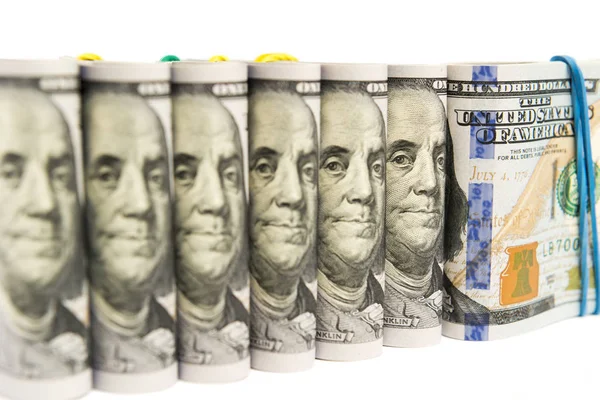 Envases de billetes de cien dólares agrupados, aislados —  Fotos de Stock