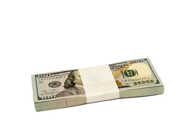 Pila de dinero en billetes de cien dólares espacio de copia aislado —  Fotos de Stock