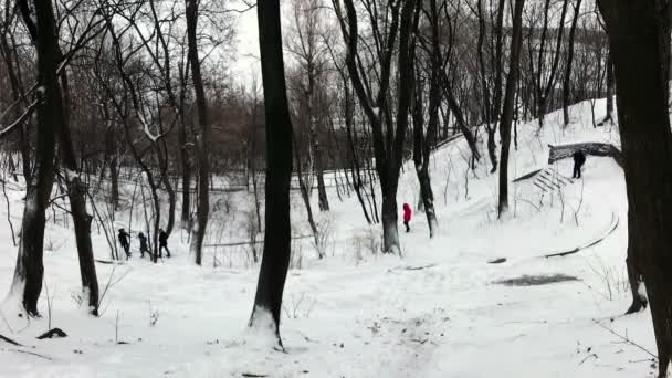 Persone che scendono le scale sulla collina di Volodymyr con neve — Video Stock
