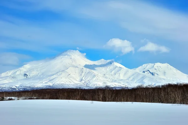 Vista invernal de la erupción activa Volcán Klyuchevskoy — Foto de Stock