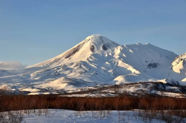 Vista invernale di eruzione vulcano attivo Klyuchevskoy — Foto Stock