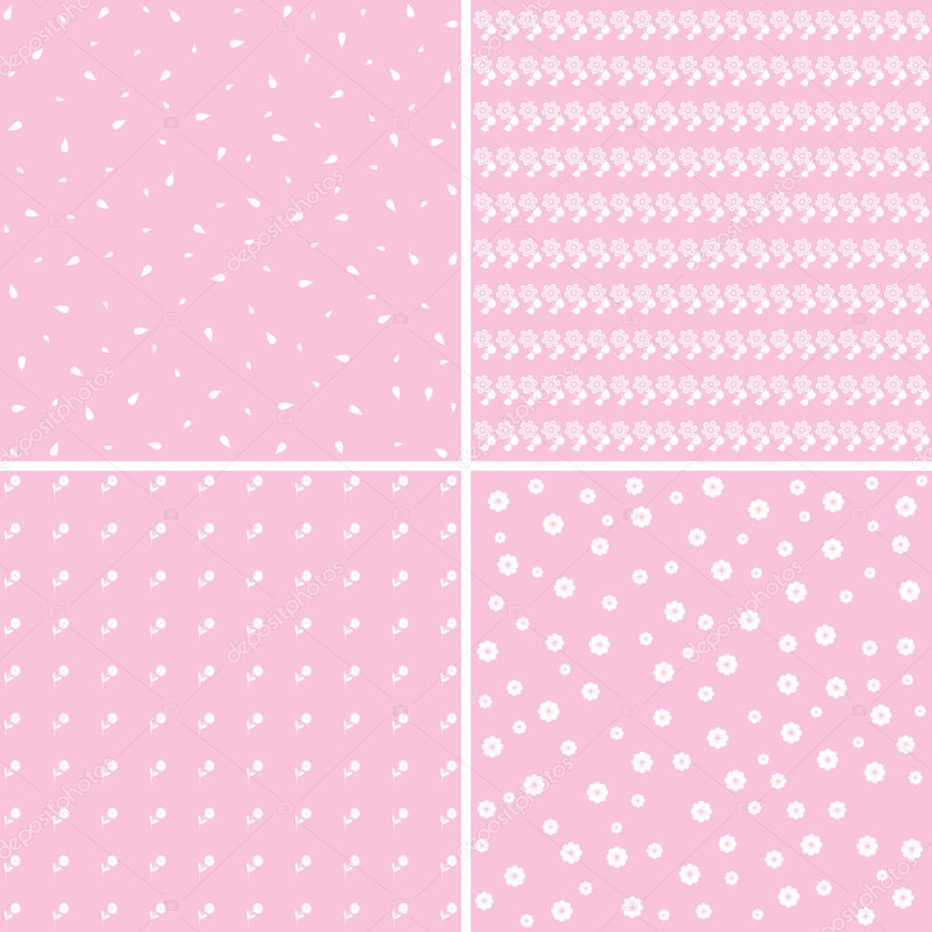 Floral different vector seamless patterns. Pink and white shabby color.