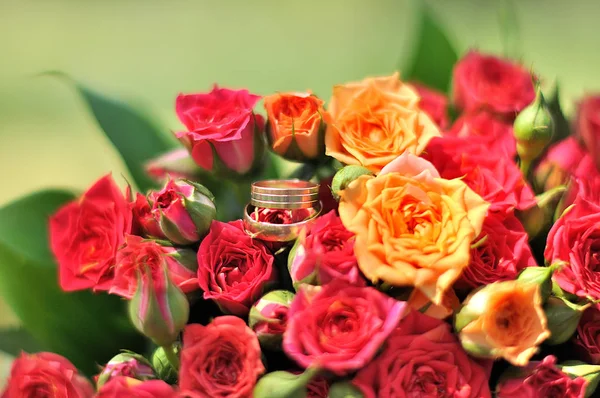 Deux anneaux de mariage dorés sur les fleurs — Photo