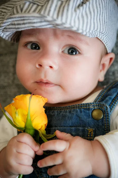 Pojken håller en gul ros i hand i studion — Stockfoto
