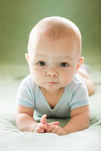 Portrait of  newborn boy is lying in the bed — Stock Photo, Image