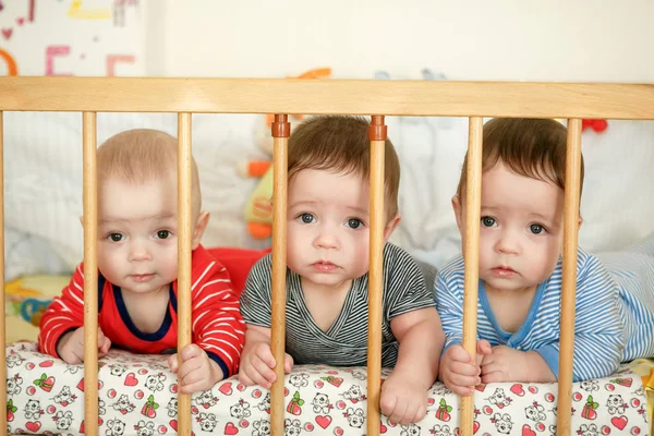Портрет новорожденных тройняшек в постели — стоковое фото