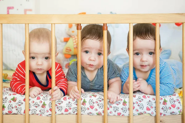 Портрет новорожденных тройняшек в постели — стоковое фото