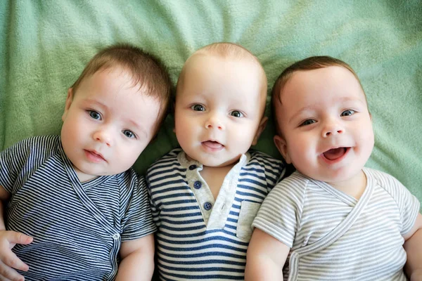 Portrait of newborn triplets are lying in the bed — Stock Photo, Image