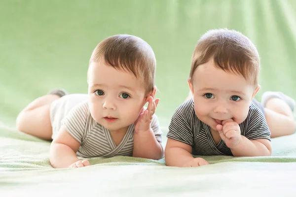 Pasgeboren tweeling jongens liggen op het bed Stockafbeelding
