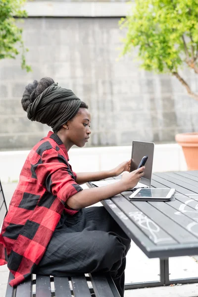 woman using several devices