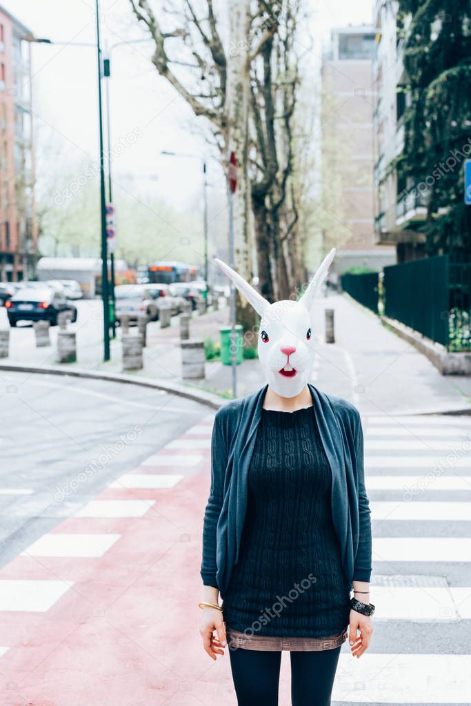 woman wearing rabbit mask