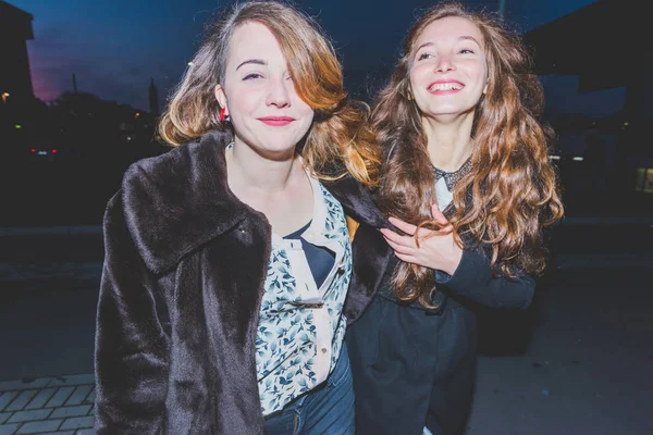 Two Young Beautiful Student Indoor Bar Having Drink While Studying — ストック写真