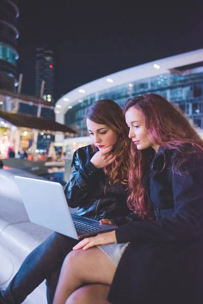 Two Young Beautiful Student Indoor Bar Having Drink While Studying — ストック写真