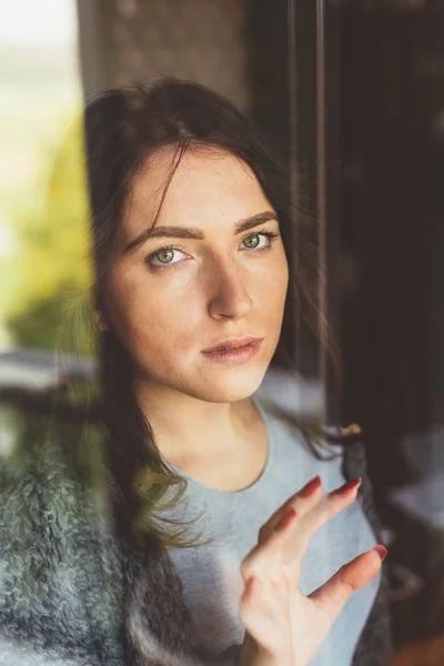 Young Beautiful Eastern Woman Seen Window Double Exposure Artistic Creative — Stock Photo, Image