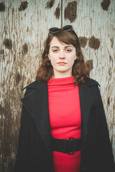 Vintage hipster woman in street town — Stock Photo, Image