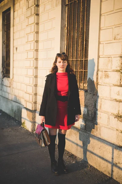 Vintage hipster woman in street town — Stock Photo, Image