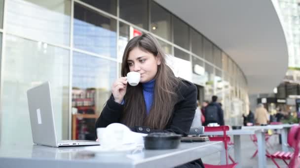 利用计算机远程工作的年轻商业妇女喝咖啡 交流概念 — 图库视频影像