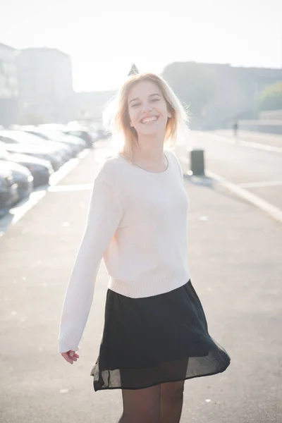 Young Woman Outdoor Back Light Having Fun Looking Camera Happiness — Stock Photo, Image