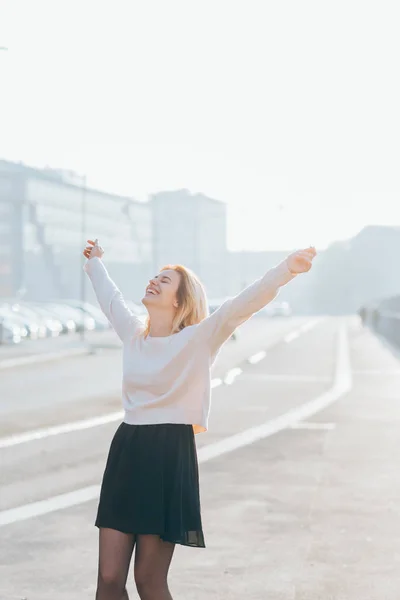 Young Woman Outdoor Back Light Arms Raised Laughing Freedom Victory — Stock Photo, Image