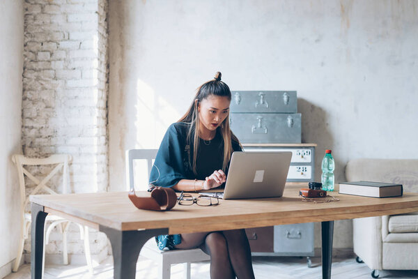 young business woman office indoors sitting desk using computer - remote working, technology, business concept