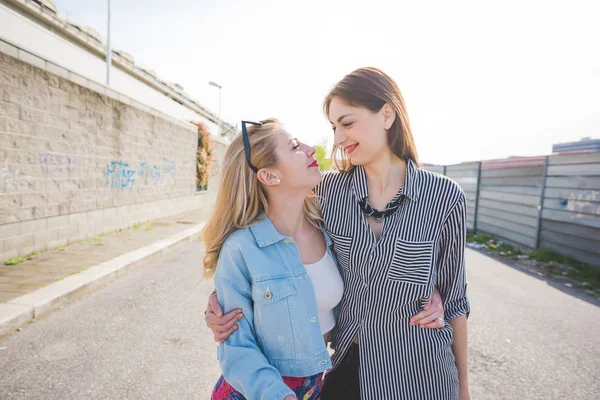 Two Beautiful Blonde Brunette Women Friends Walking City Hugging Having — Stock Photo, Image