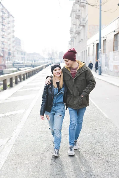 Young Beautiful Couple Lovers Walking Outdoor City Hugging — Stock Photo, Image