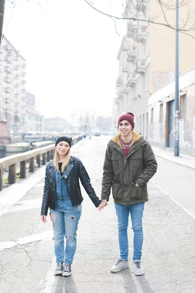 Young Beautiful Couple Lovers Walking Outdoor City — Stock Photo, Image