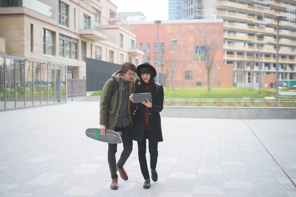 Couple Young Beautiful Woman Man Moustache Skate Walking City Using — Stock Photo, Image