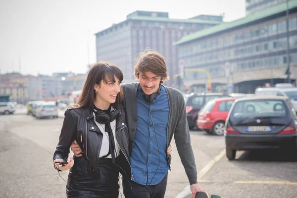 Waist Couple Young Caucasian Woman Man Skate Moustache Posing Trough — Stock Photo, Image