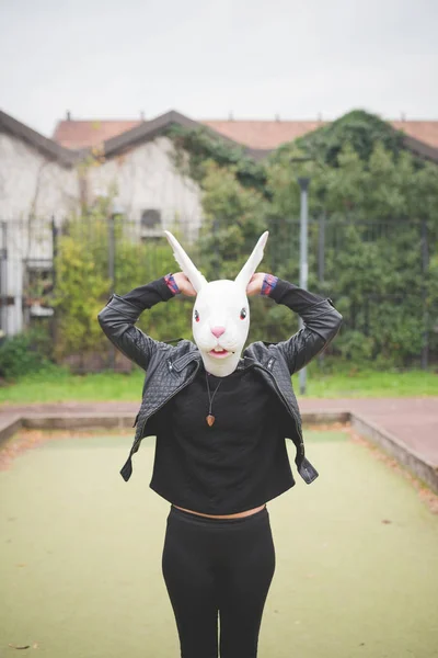 Young Woman Venezuelan Wearing Rabbit Mask Outdoor — Stock Photo, Image