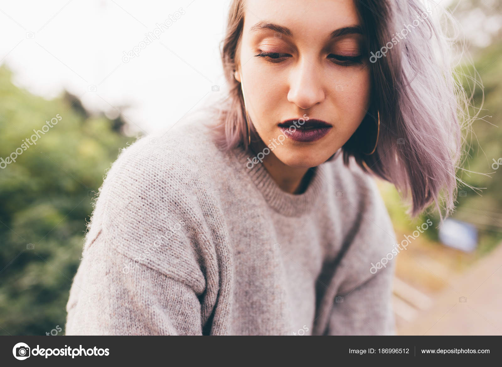 Portrait Young Caucasian Purple Grey Hair Woman Outdoor City
