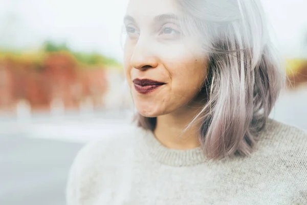 Double Exposure Portrait Young Caucasian Purple Grey Hair Woman Outdoor — Stock Photo, Image