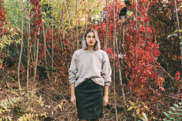 Joven Caucásico Púrpura Mujer Pelo Gris Aire Libre Ciudad Posando —  Fotos de Stock