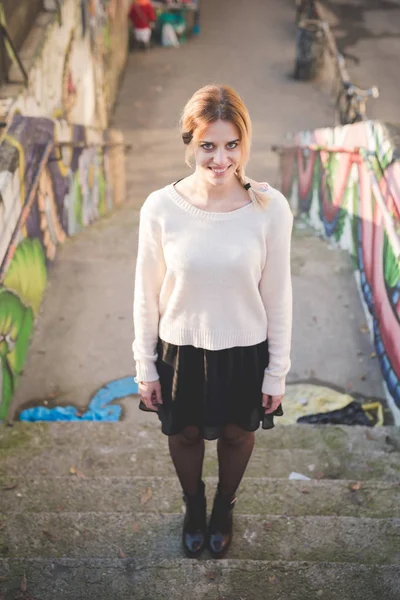 Young Woman Stairs Looking Camera Smiling — Stock Photo, Image