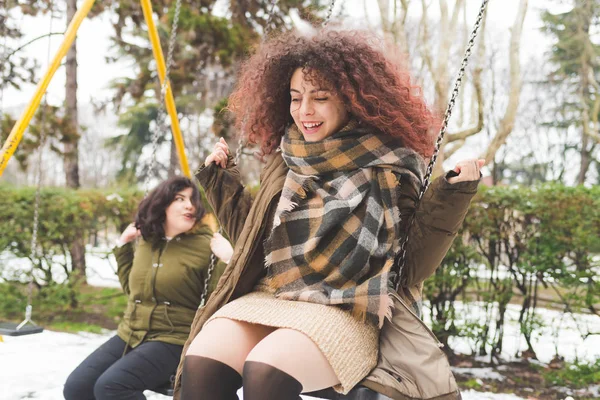 Young Beautiful Woman Outdoor Park Playing Swing Childhood Swining Happiness — Stock Photo, Image