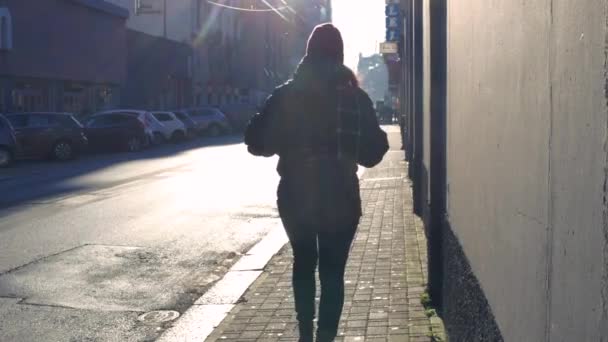 Vista Posterior Mujer Adulta Caminando Viajero Aire Libre Dejando Concepto — Vídeo de stock