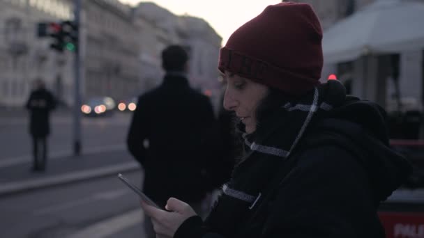 成年女子在室外黄昏吸烟时使用智能手机不健康 沉思的概念 — 图库视频影像