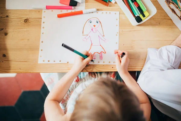Overhead View Female Children Sitting Table Drawing Imagination Creativity Activities — 스톡 사진