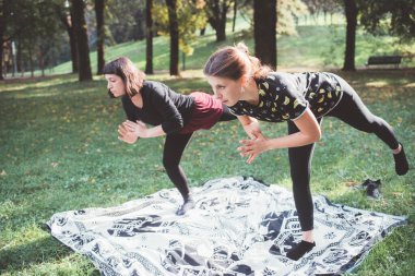 İki genç kadın parkta yoga yapıyor. Meditasyon, egzersiz, esneme konsepti.