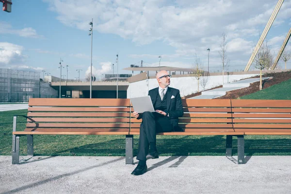 Adult Businessman Outdoor Sitting Bench Using Computer Smart Working Business — Stock Photo, Image