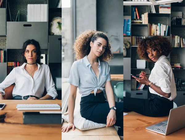 Vielfältige Menschen Collage Verschiedener Multiethnischer Junger Geschäftsfrauen Arbeitsplatz — Stockfoto