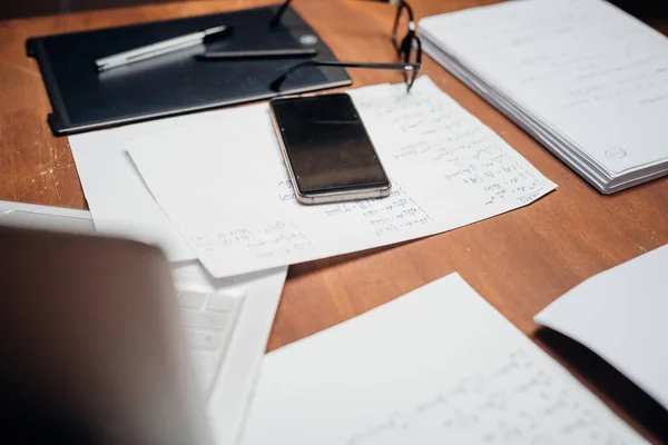 Sheets Eye Glasses Cellphone Wood Table Workplace Smart Working Smart — Stock Photo, Image