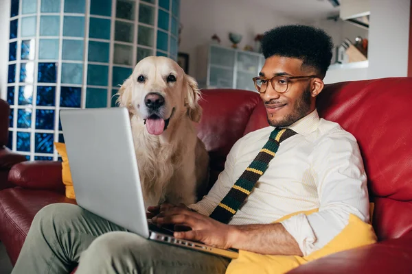 Jovem Bonito Homem Negro Deitado Sofá Usando Computador Comércio Eletrônico — Fotografia de Stock