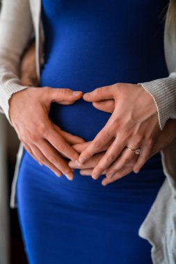 Tanınmayan hamile bir çift ellerini göbeğine koyuyor. Şefkat, koruyucu, hamilelik kavramı.