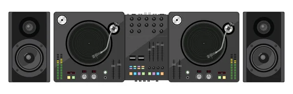 Dj ミキサー。2 つのターン テーブル、ミキサー、音響システム。光ベクトルを示す — ストックベクタ